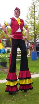 Several different characters walking around on stilts to brighten up your parties, your festivals and special events.