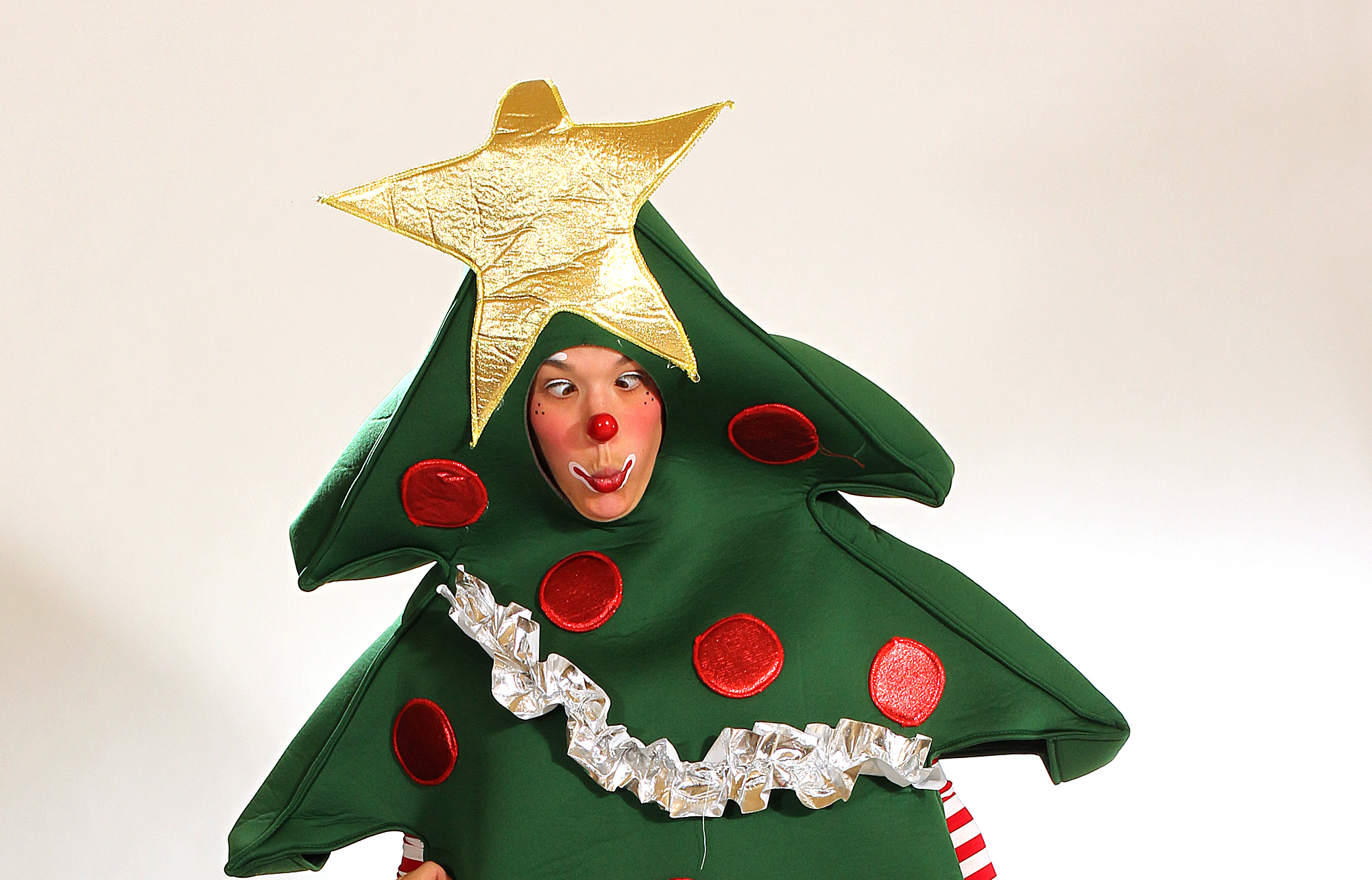 Un sapin de Noël plutôt inattendu et surprenant qui travaille au sol mais aussi en échasses. Un clown échassier  très particulier pour votre party de Noël!