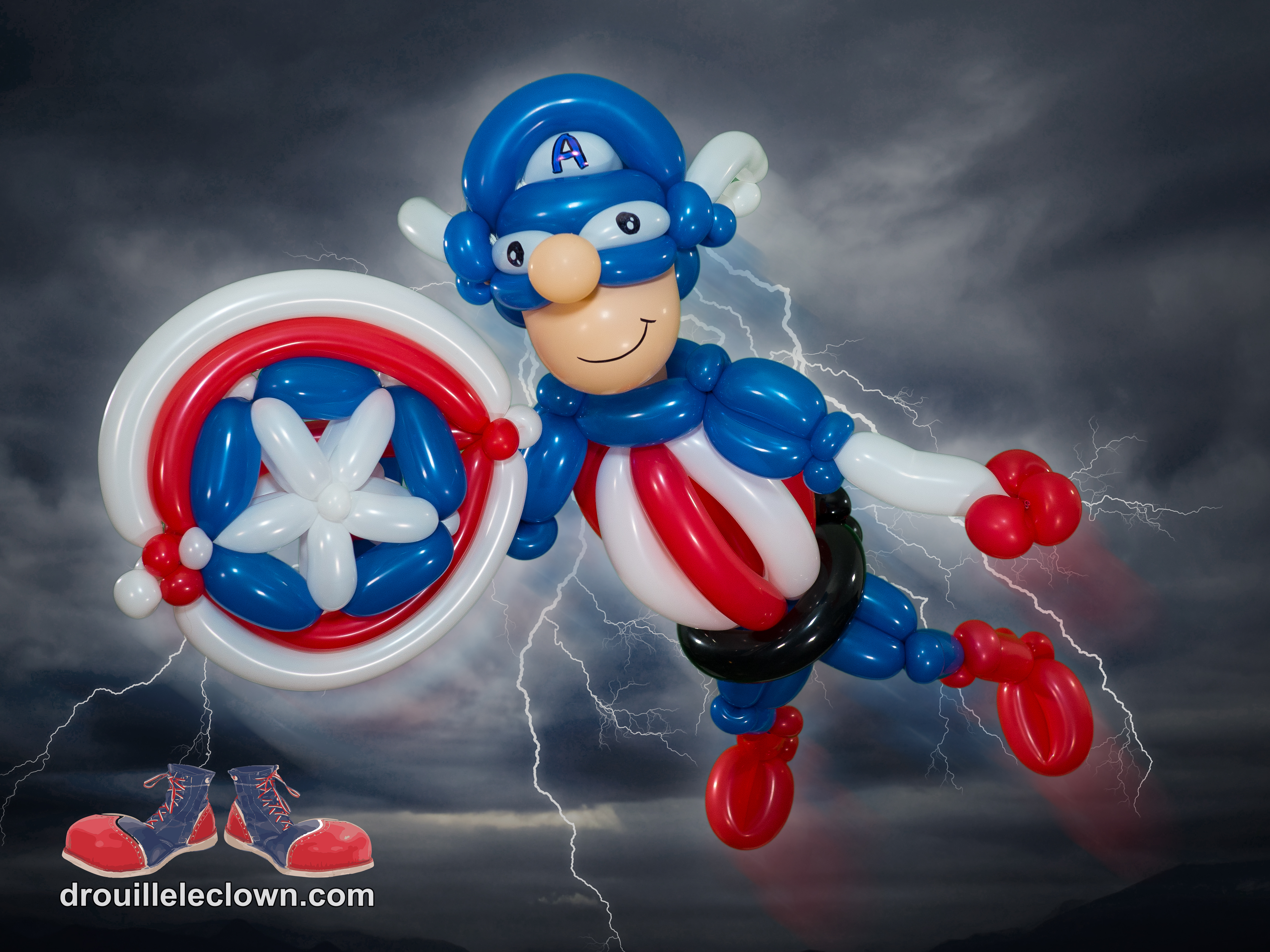 Une superbe créations de Drouille L'Andouille. Capitaine America est un super héro très populaire auprès des clowns et des enfants!
